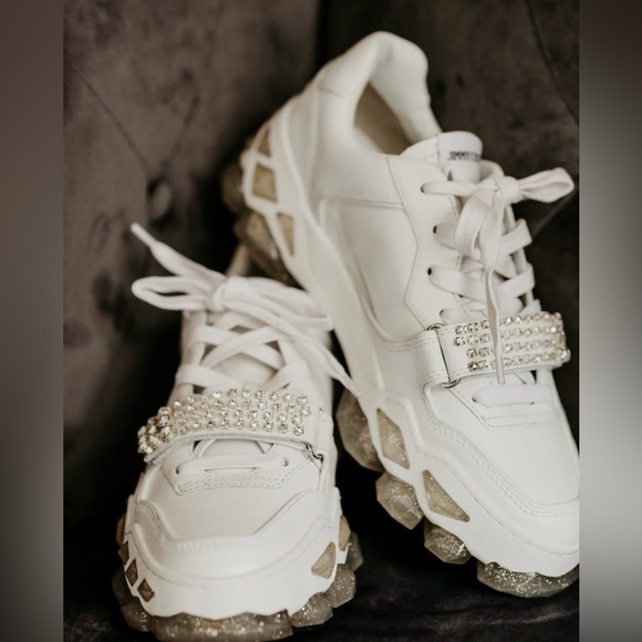 Women's Jimmy Choo Diamond X Crystal White Calf Leather Sneakers - Picture 2 of 11